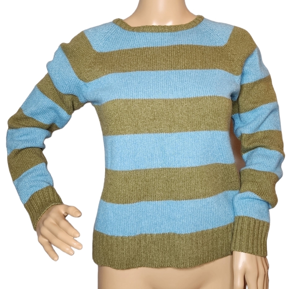 Lands' End Cashmere Angora Wool Sweater Blue Green Stripe Women's Size Small